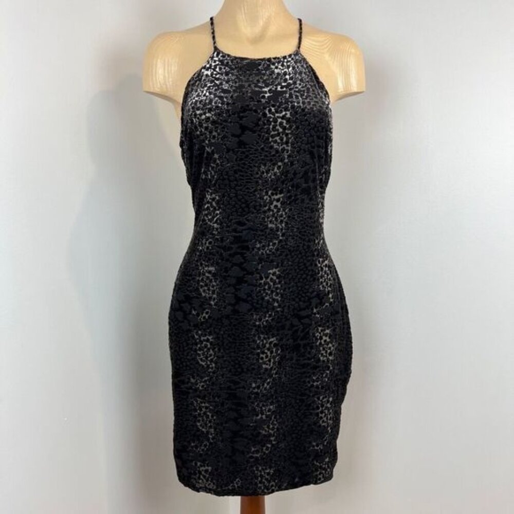Vintage Y2k Guess Large Black Animal Print Halter Mini Dress Stretch Low Back